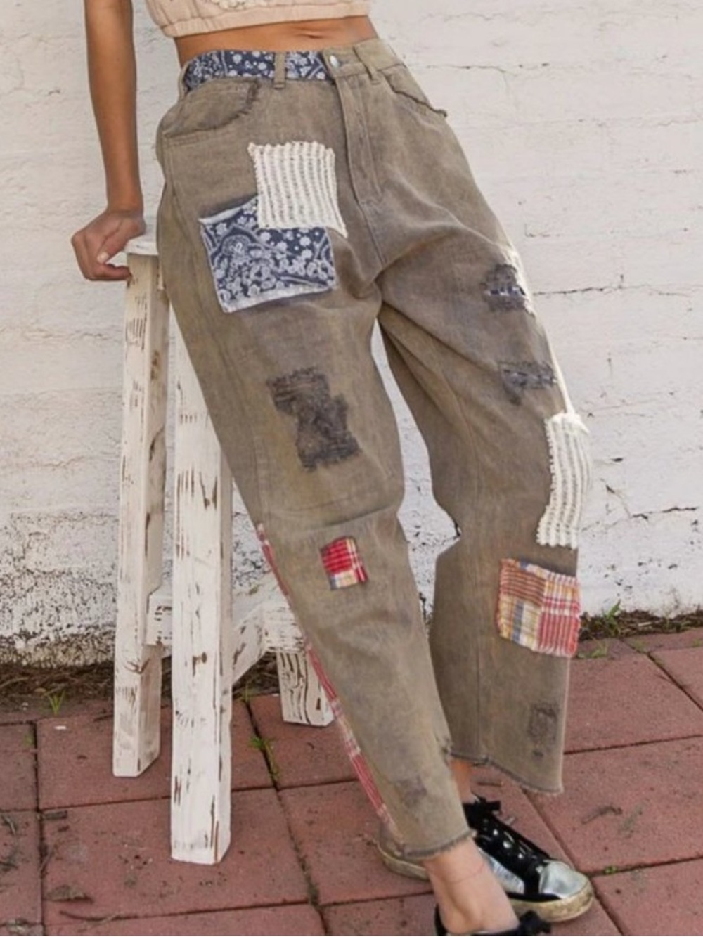 Pol Patchwork Ankle Pants Sz medium crop oversized offshore boho shabby chic